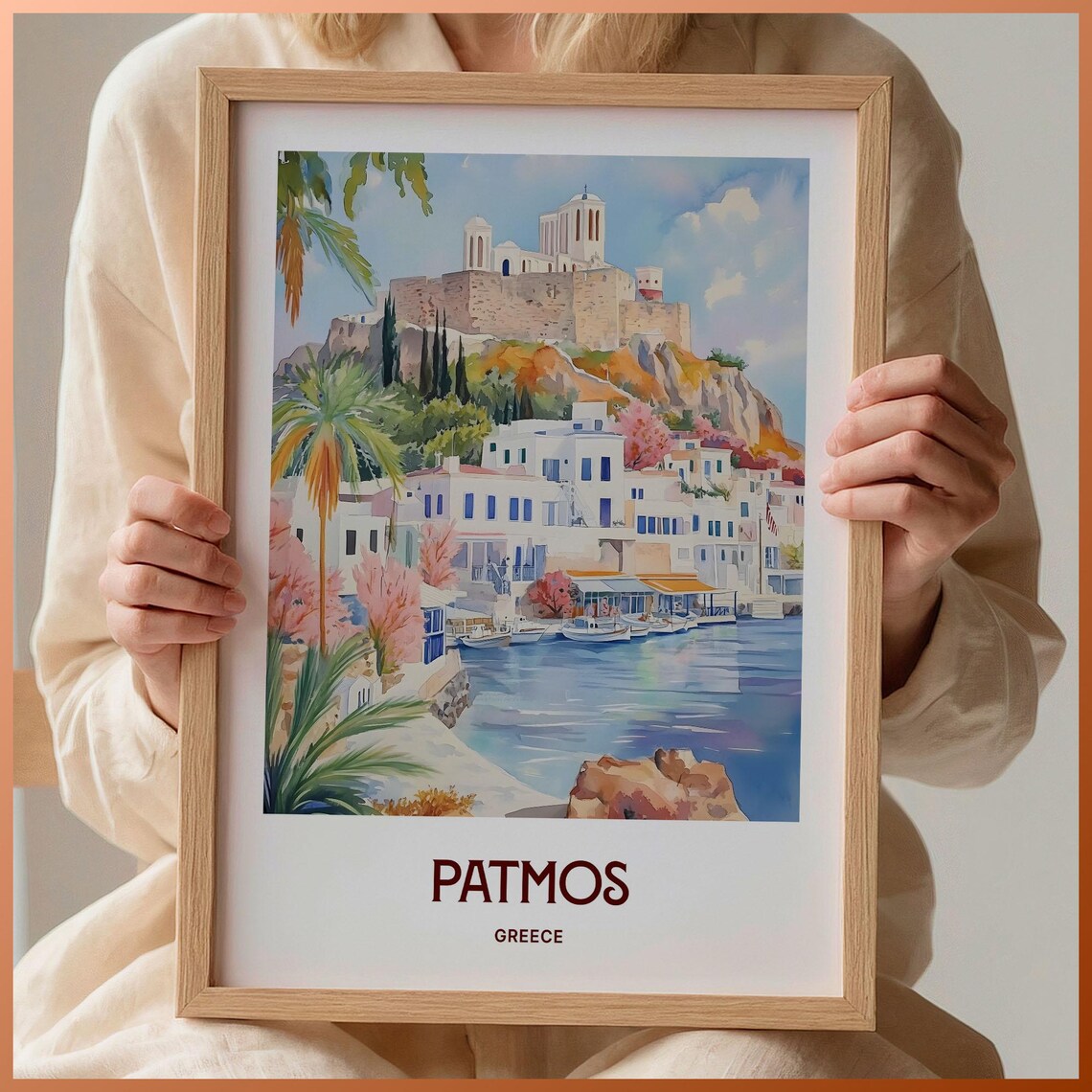Patmos Greece Watercolor Aegean Island Harbor Monastery Poster
