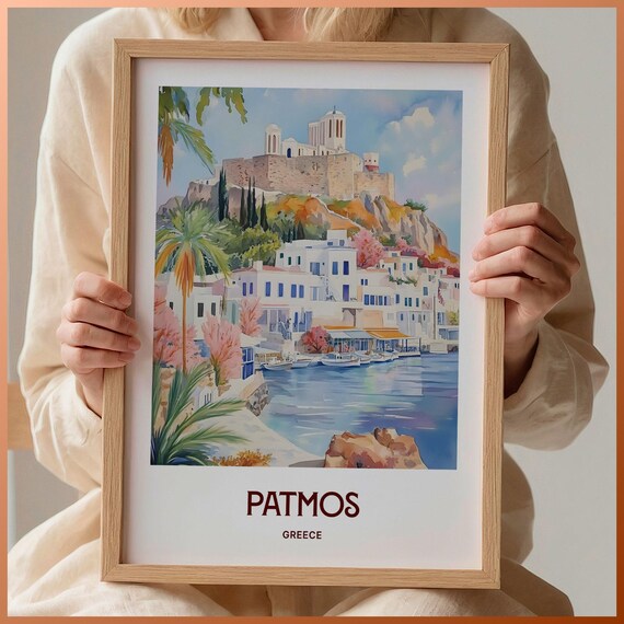 Patmos Greece Watercolor Aegean Island Harbor Monastery Poster