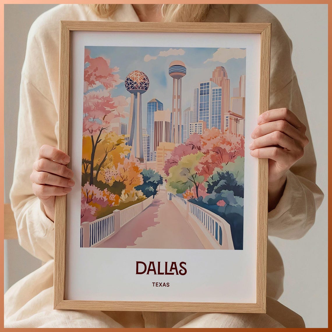 Dallas Texas Downtown Skyline Reunion Tower Watercolor Travel Poster