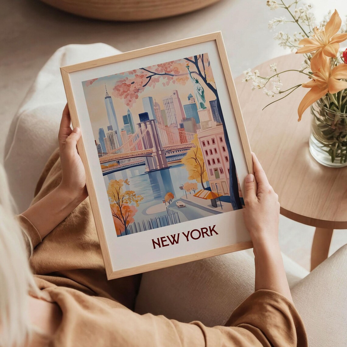 New York Brooklyn Bridge Statue Of Liberty Blossom Watercolor Travel Poster - Image 5