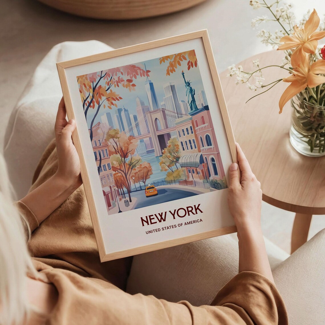 New York City Brooklyn Bridge Statue of Liberty Autumn Art Poster - Image 5