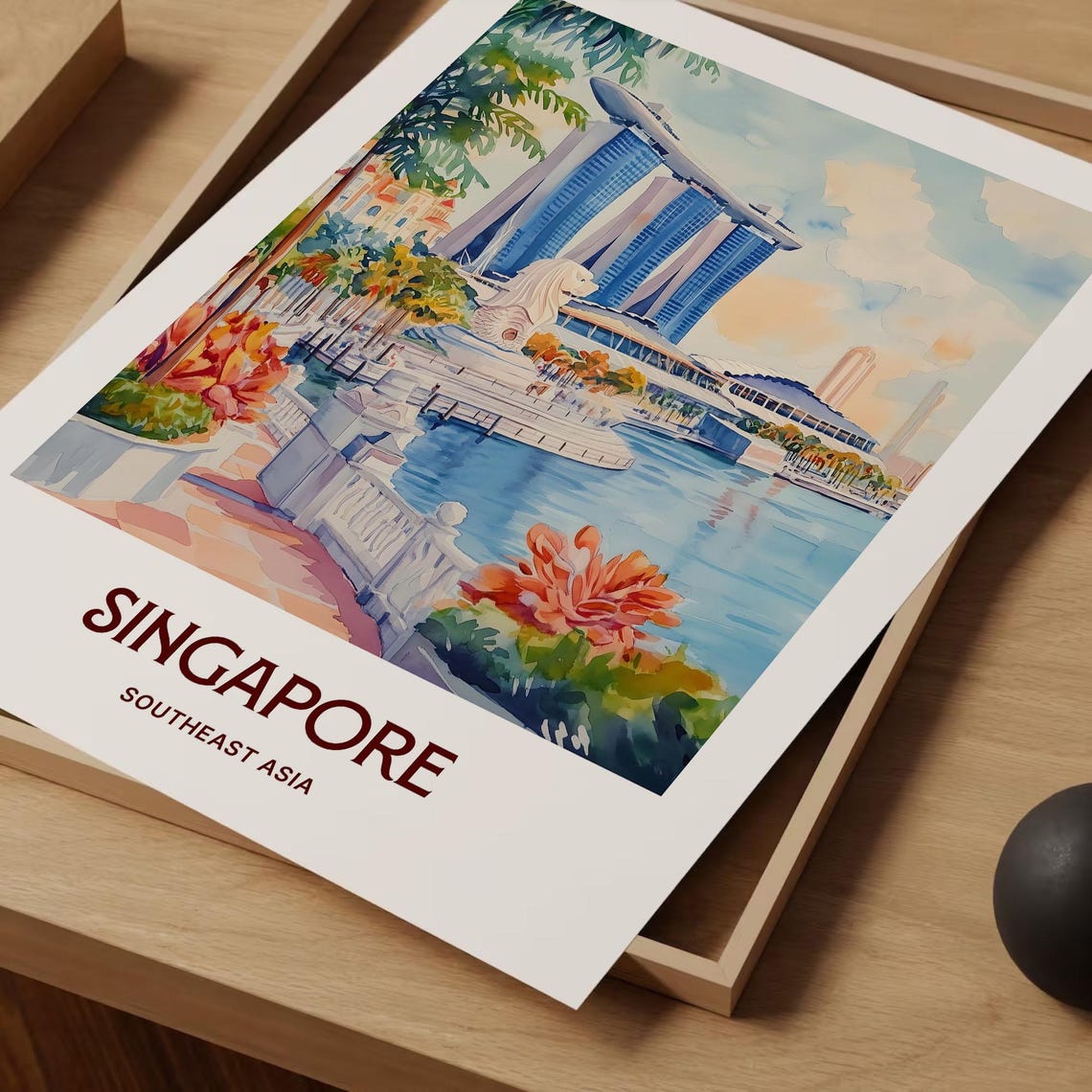 Singapore Marina Bay Sands Merlion Waterfront Pastel Skyline Poster - Image 2
