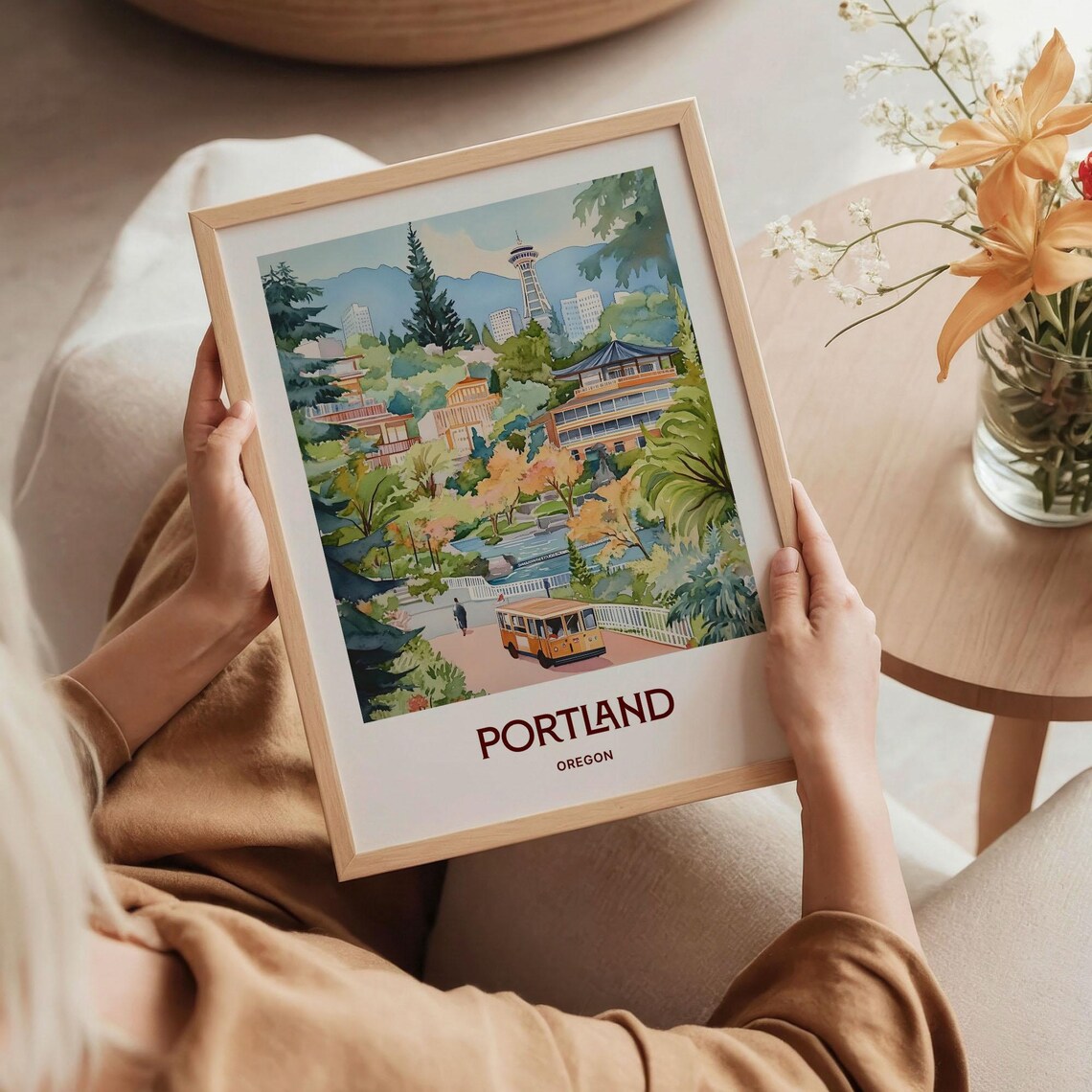 Portland Oregon Gardens Trolley Skyline Watercolor City Art Poster - Image 5