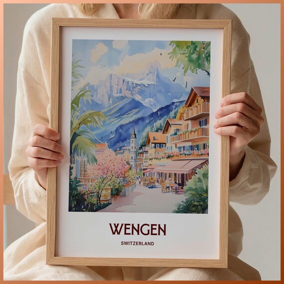 Wengen Switzerland Alpine Village Street Watercolor Poster Peak