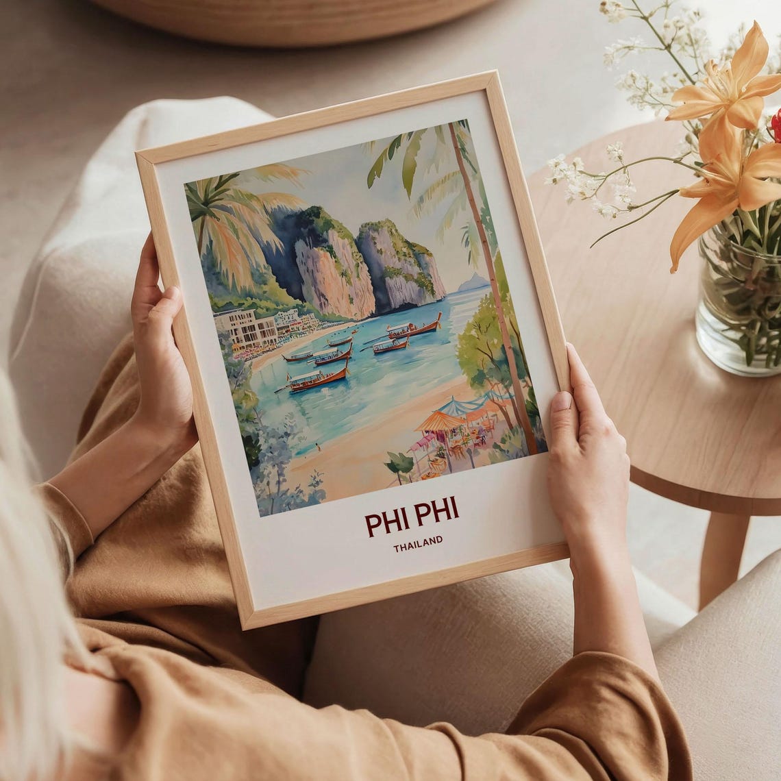 Phi Phi Thailand Longtail Boats Cliffs Watercolor Travel Poster - Image 5