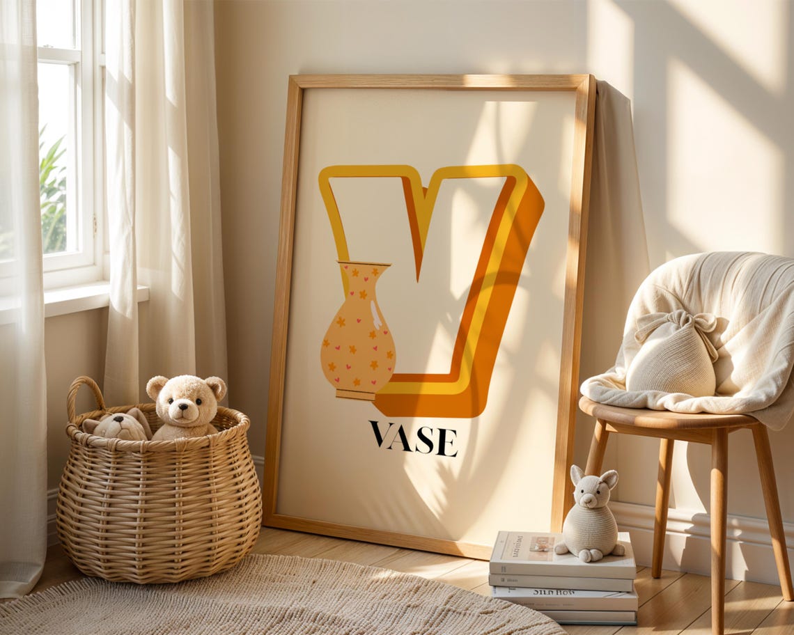 V Letter Vase Art Print Minimalist Nursery Decor
