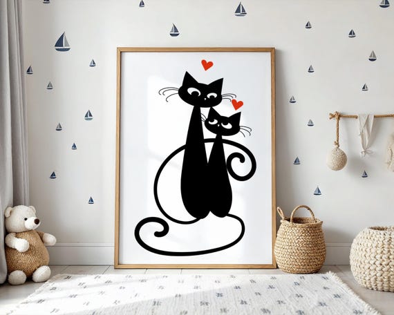 Black Cat Couple Art Prints Playful Nursery Decor Set Of 3