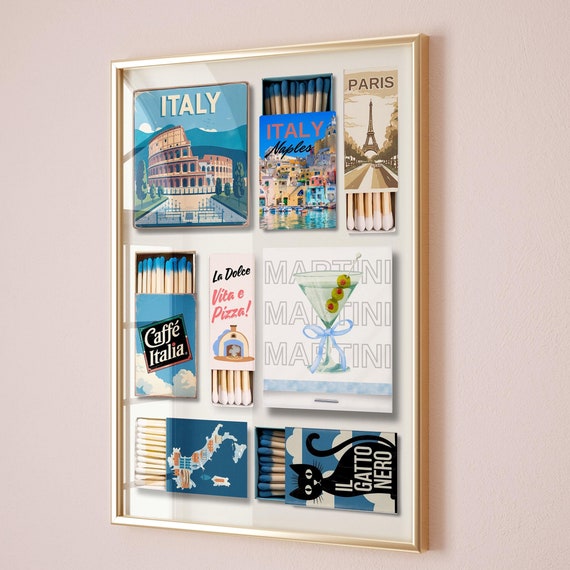 Matchbox Print Vintage Matchbook Wall Art Blue Aesthetic Print For Apartment Bar Cart Art Wall Print Italy Matchbox Print Bar Cart Art
