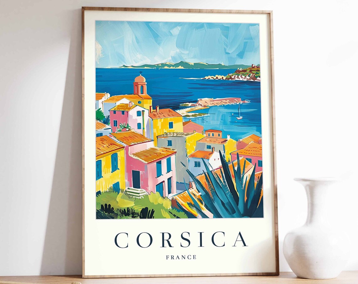 Corsica France Travel Poster Colorful Coastal Village And Church