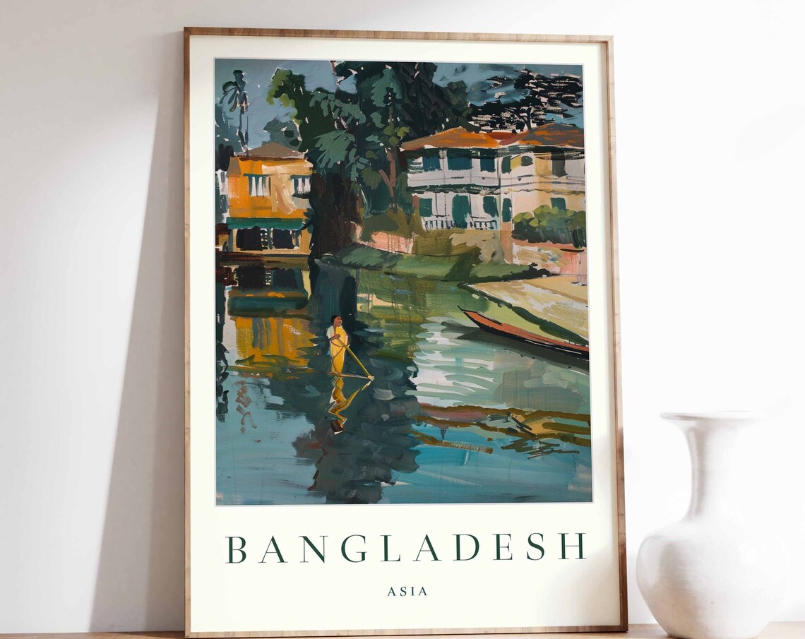 Bangladesh Asia Riverside Boat Houses Scene Vintage Travel Poster