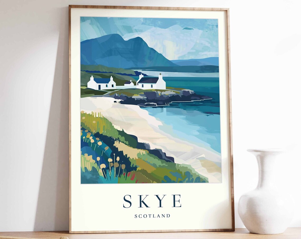 Skye Scotland White Cottages By The Sea Landscape Art Poster