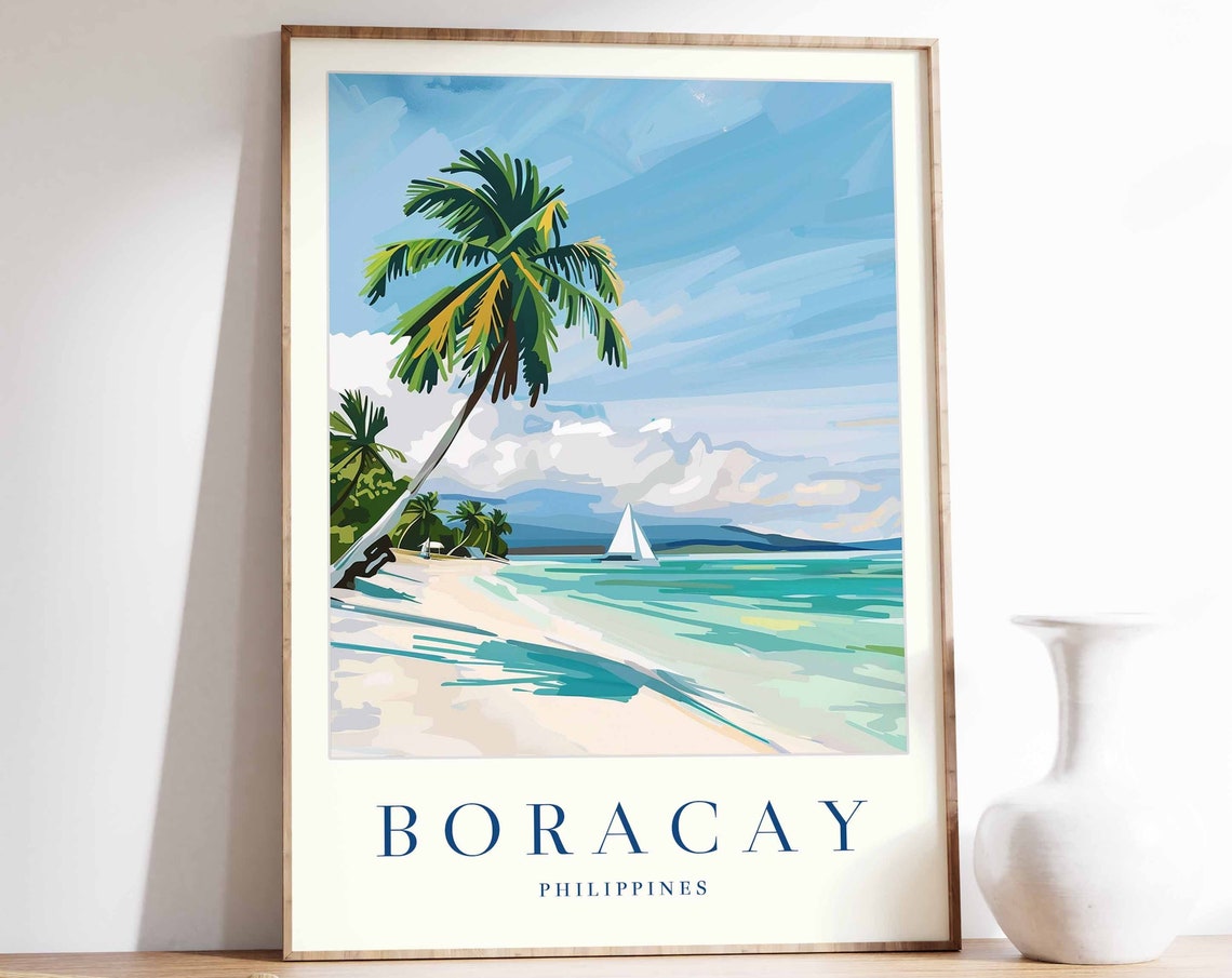 Boracay White Sand Beach Palm Tree Sailboat Philippines Poster