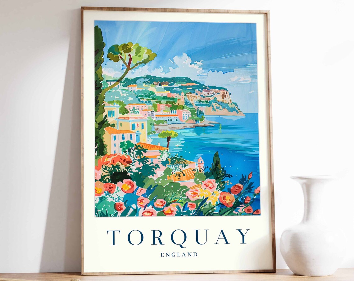 Torquay England Travel Poster Coastal Cliffs And Blooming Flowers