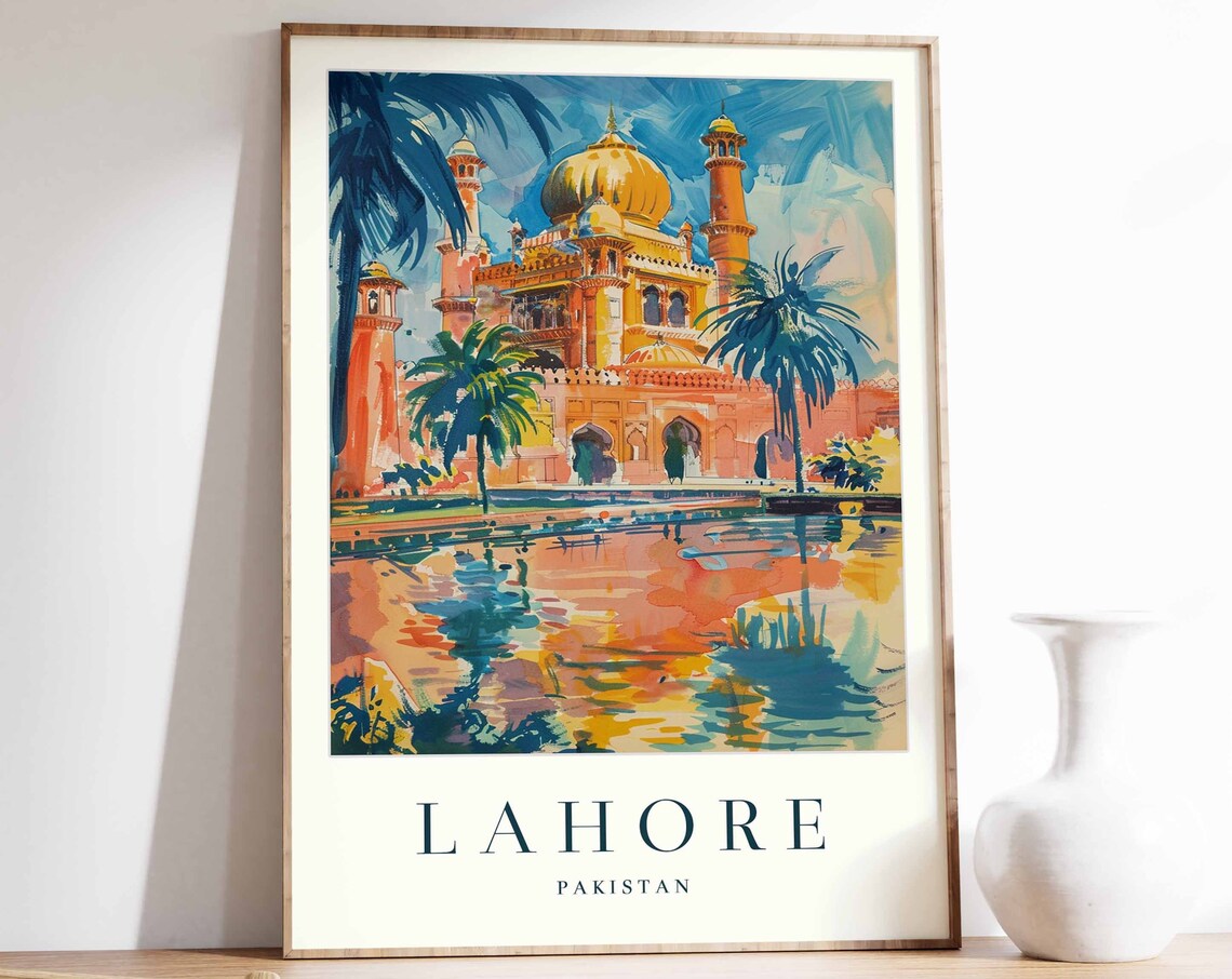 Lahore Pakistan Golden Dome Mosque Watercolor Travel Art Poster