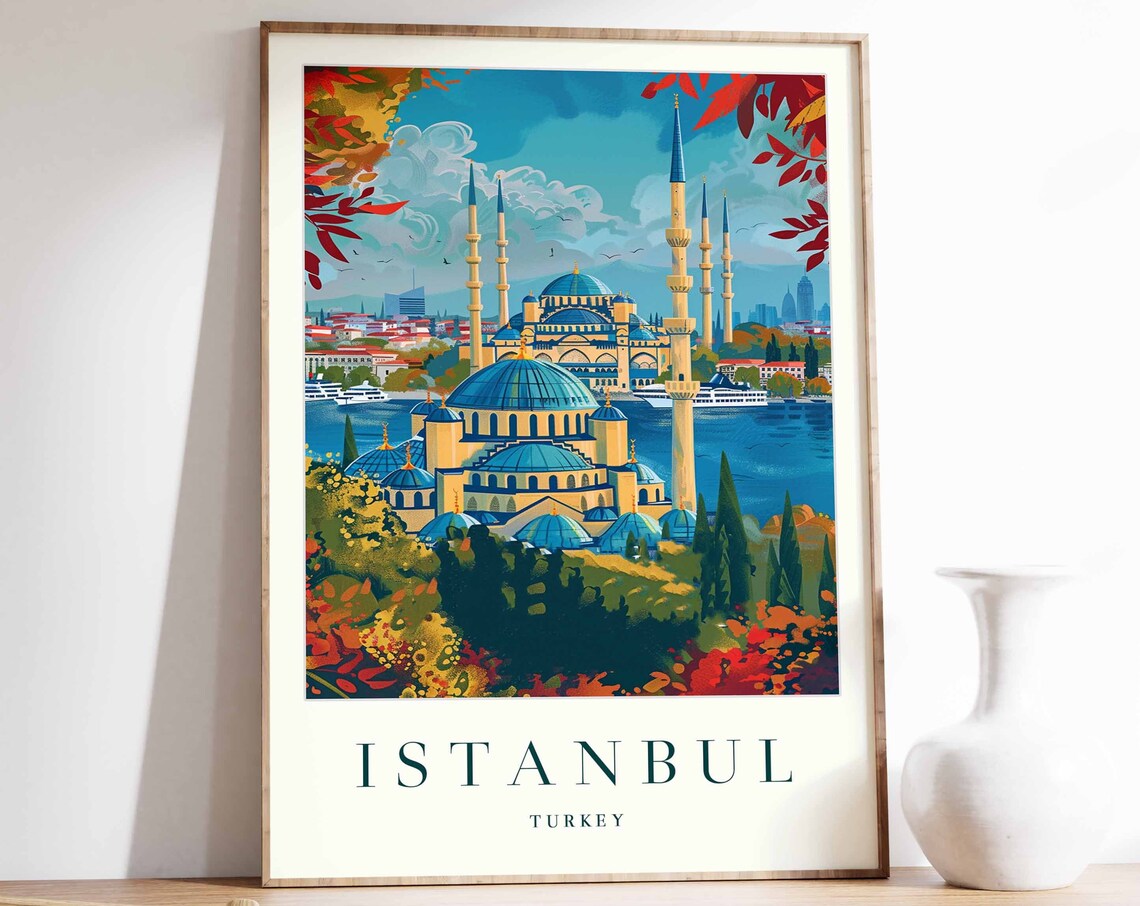 Istanbul Turkey Travel Poster Blue Mosque Minarets And Bosphorus