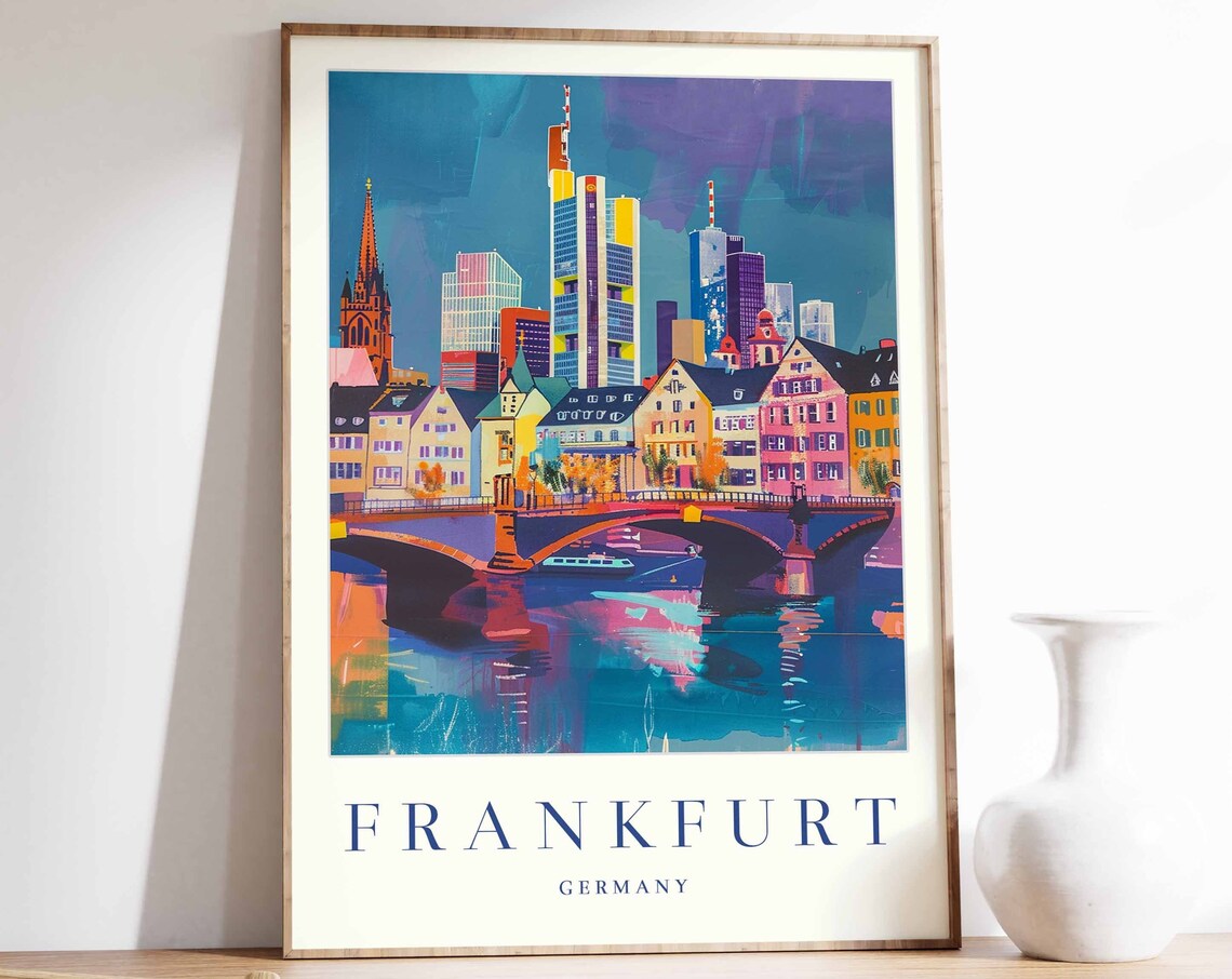 Frankfurt Germany Skyline Bridge Colorful Modern City Art Poster