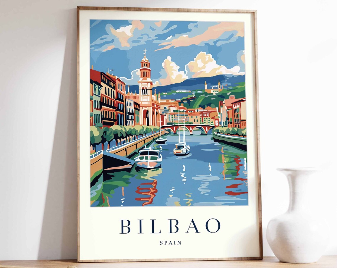 Bilbao Spain Riverside Travel Poster Colorful Harbor Boats Cityscape Art
