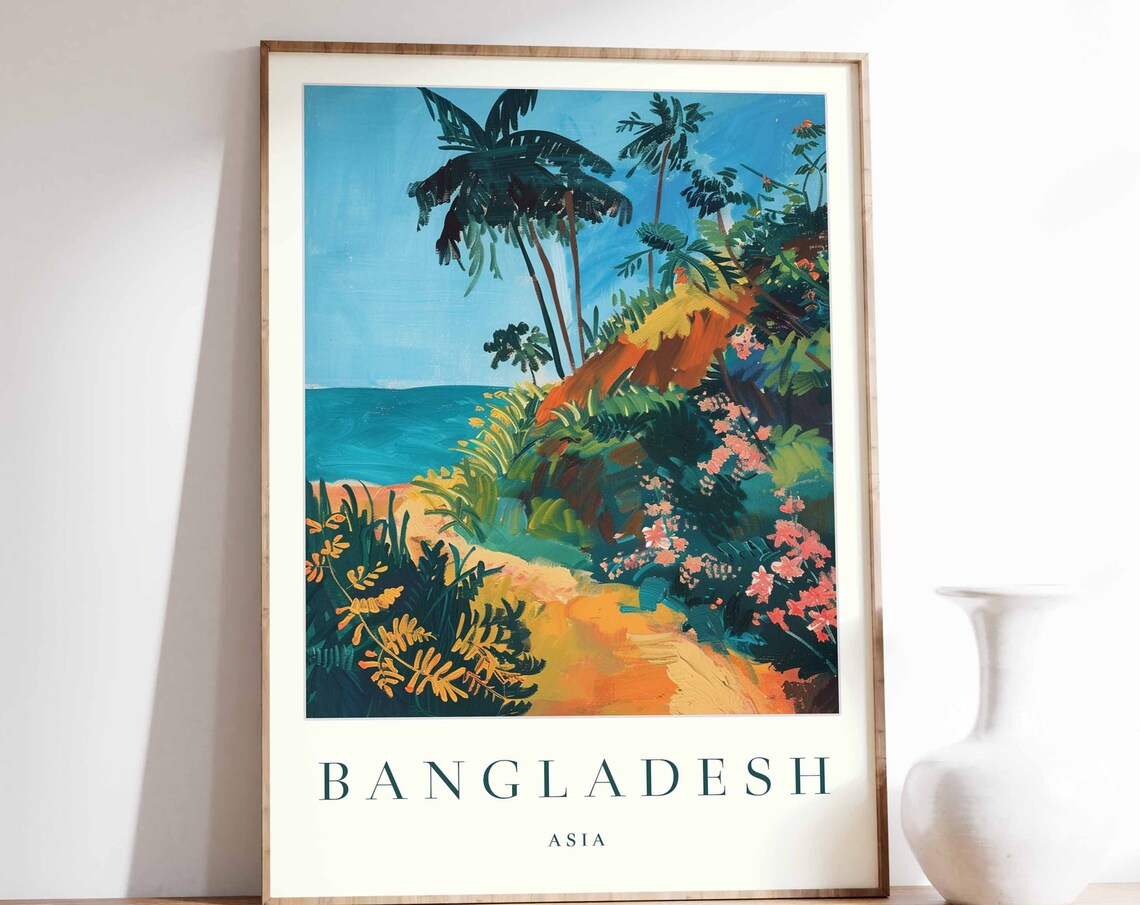 Bangladesh Asia Palm Coast Path Tropical Painting Travel Poster