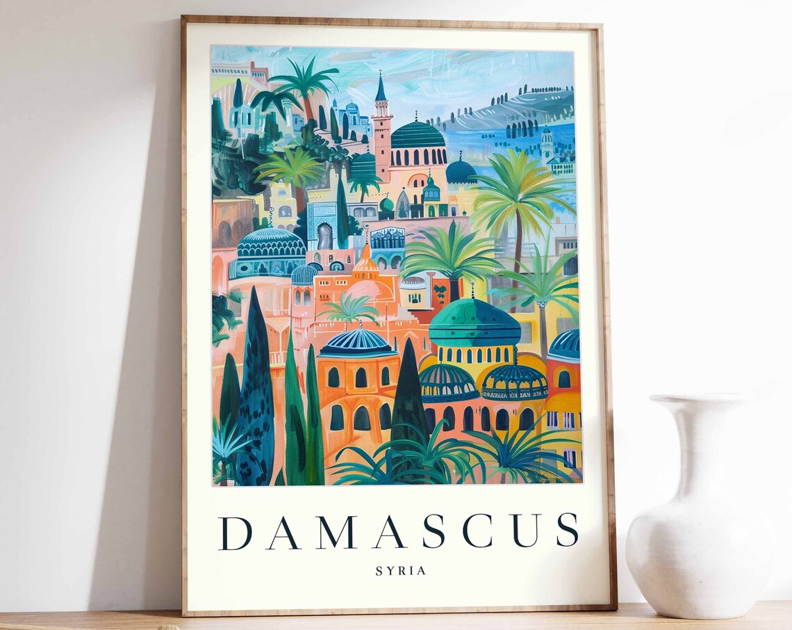 Damascus Syria Travel Poster Historic Domes Minarets And Palm Trees