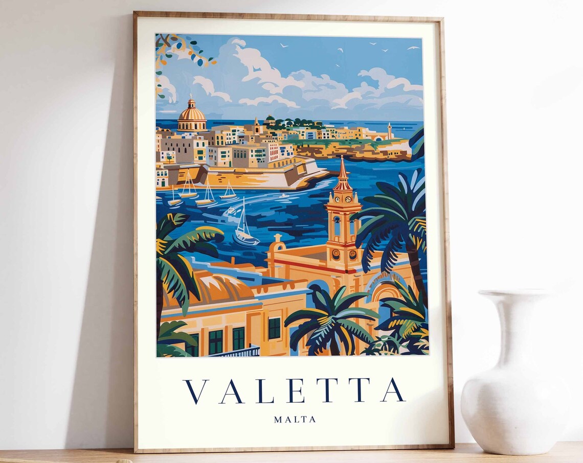 Valletta Malta Grand Harbor Palm Trees Vintage Travel Art Poster