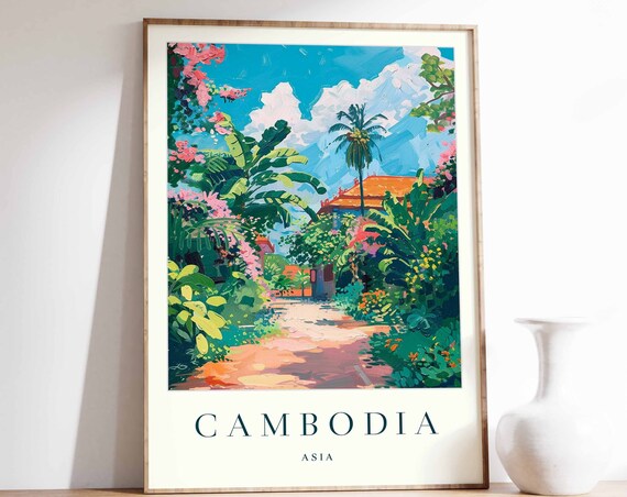 Cambodia Poster Cambodia Travel Print Asia Wall Art Asian Travel Print Tropical Decor Botanical Print Cambodia Gift