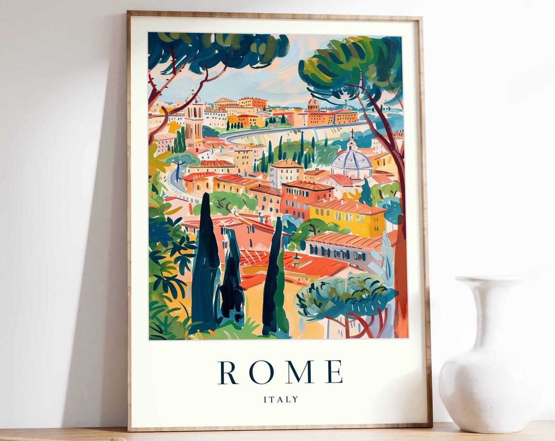 Rome Italy Colorful Cityscape Travel Poster Artistic Rooftops View