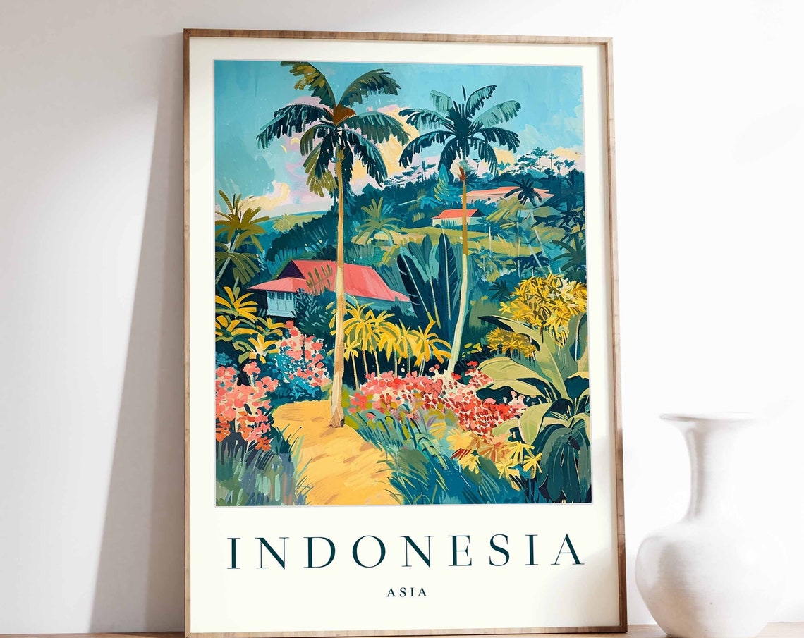 Indonesia Tropical Jungle Palm Trees Village Path Painting Poster