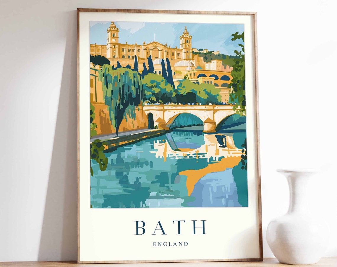Bath England Stone Bridge River Reflection Georgian Travel Poster