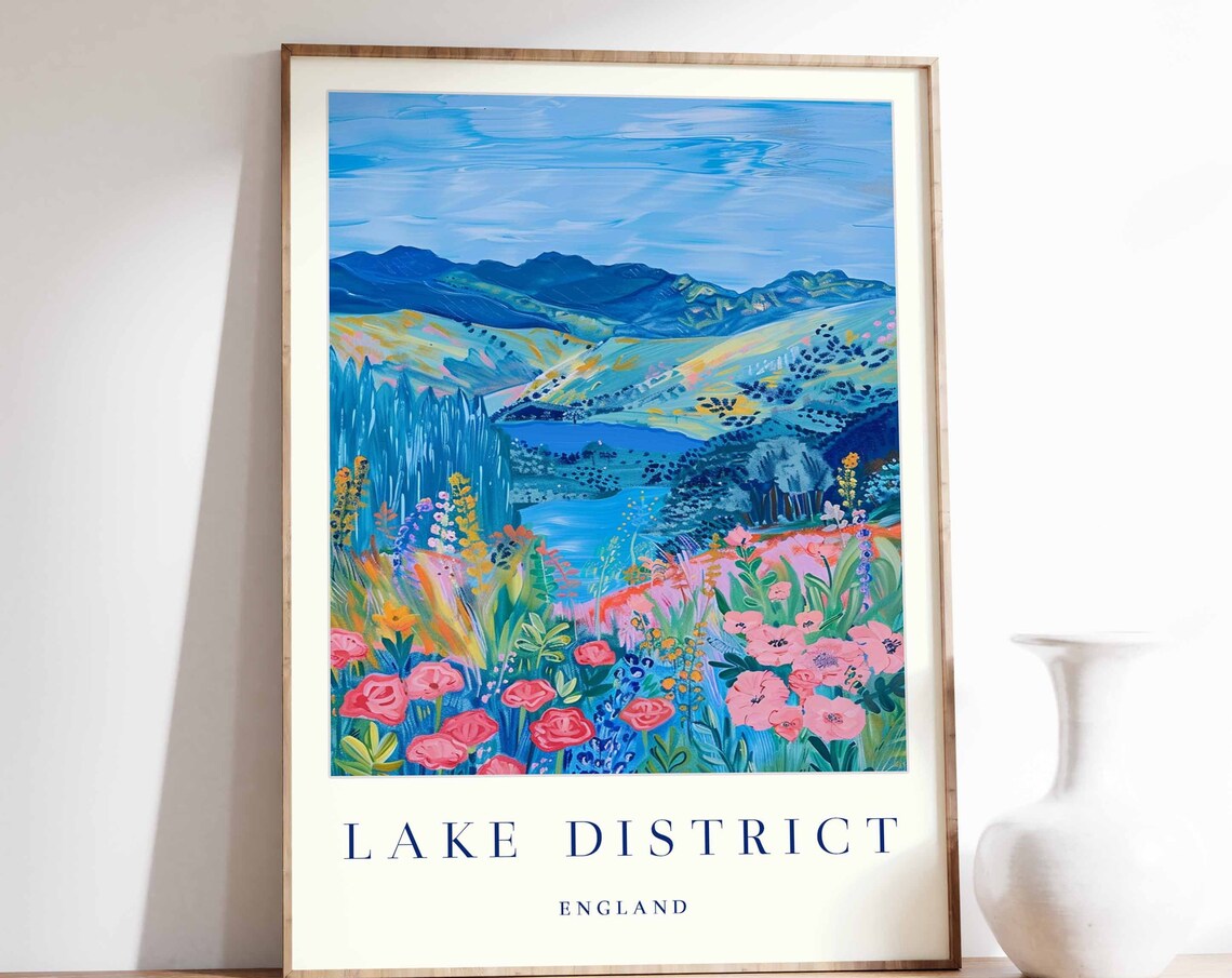 Lake District England Mountains Lake Wildflowers Nature Art Poster