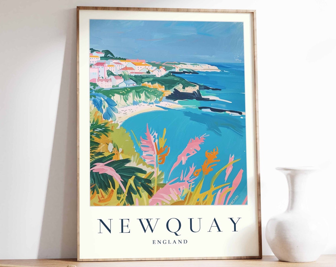 Newquay England Coastal Cliffs Bay Painted Cornish Travel Poster