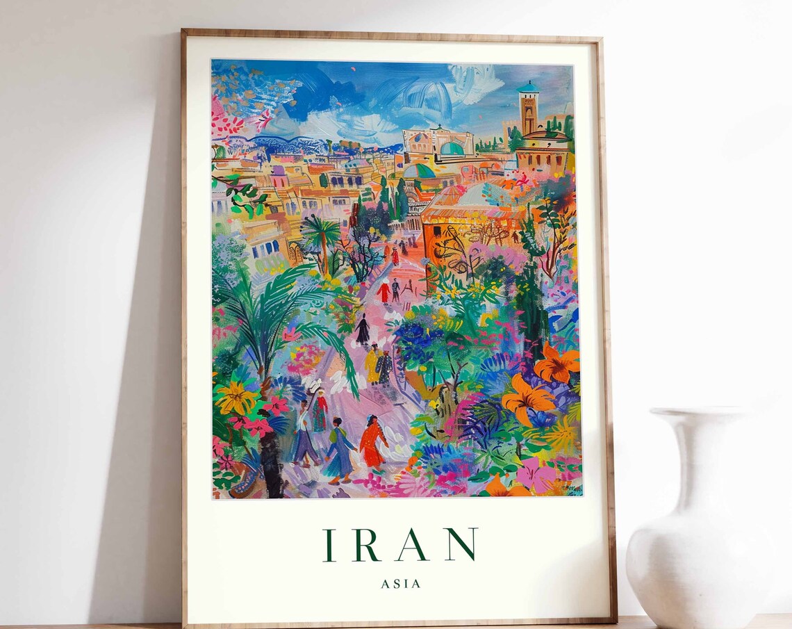 Iran Colorful Impressionist Cityscape Tower Garden Painting Poster