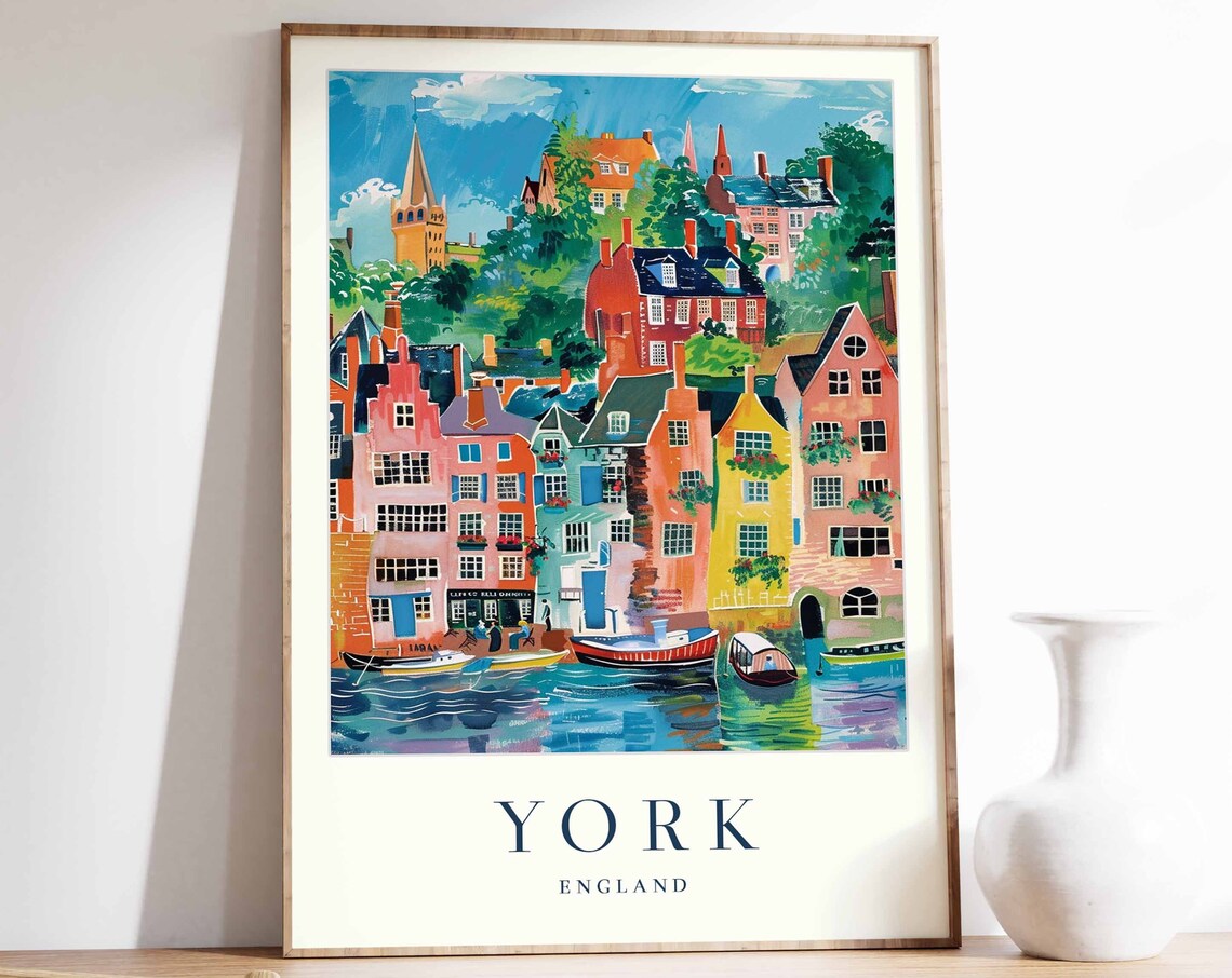York England Colorful Riverside Boats Old Town Travel Poster