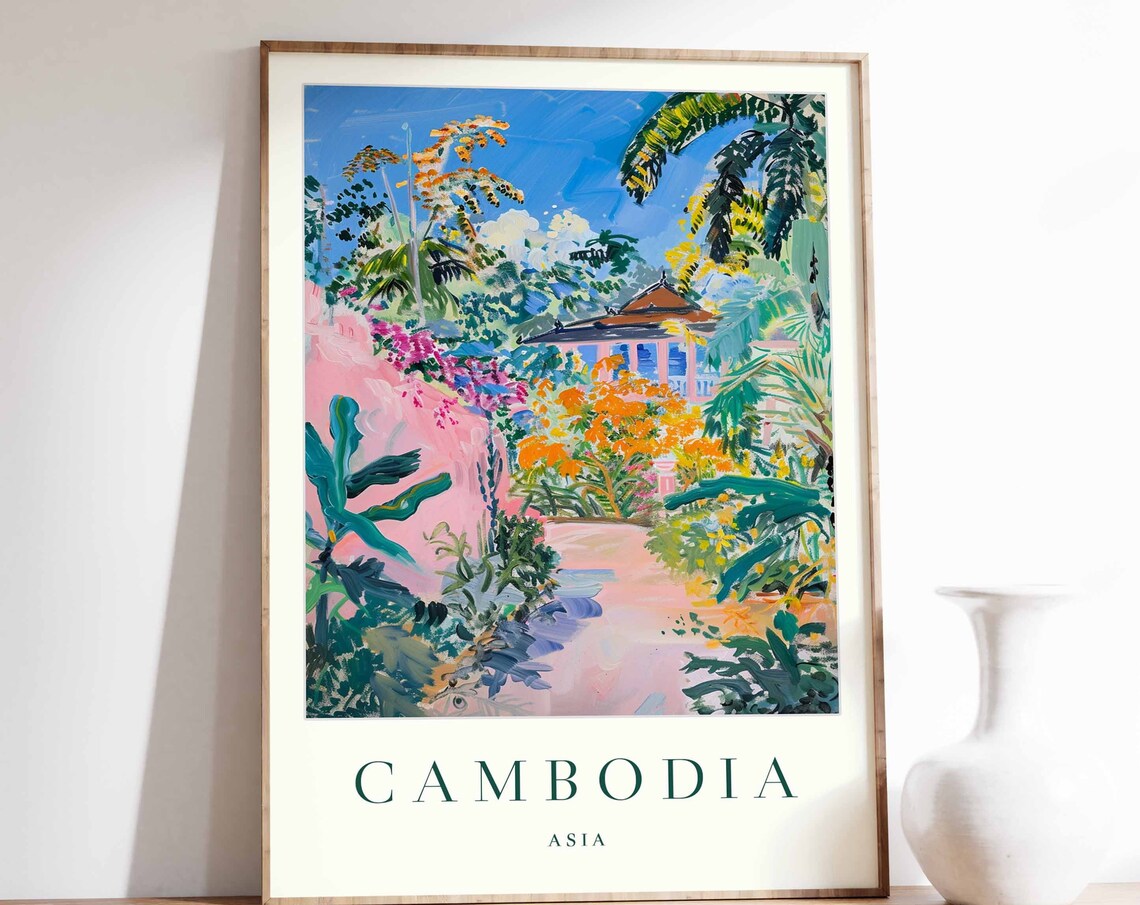 Cambodia Asia Tropical Garden Temple Path Painted Travel Poster