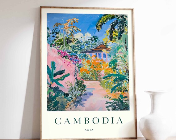 Cambodia Poster Cambodia Travel Print Asia Wall Art Asian Travel Print Tropical Decor Botanical Print Cambodia Gift