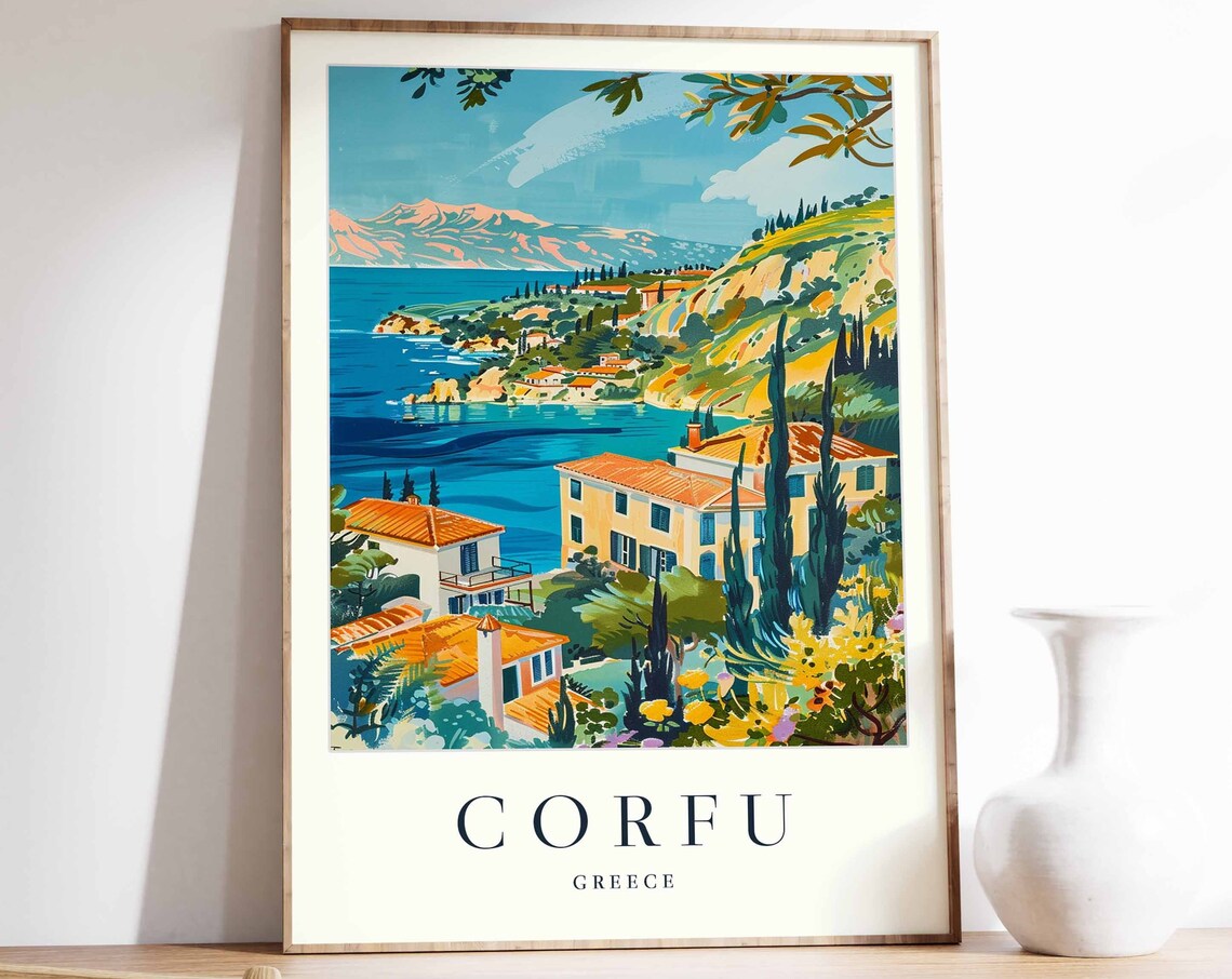Corfu Greece Coastal Hillside Travel Poster Blue Bay Village Art