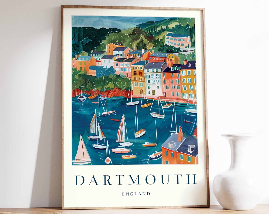 Dartmouth England Travel Poster Colorful Harbor And Sailing Boats