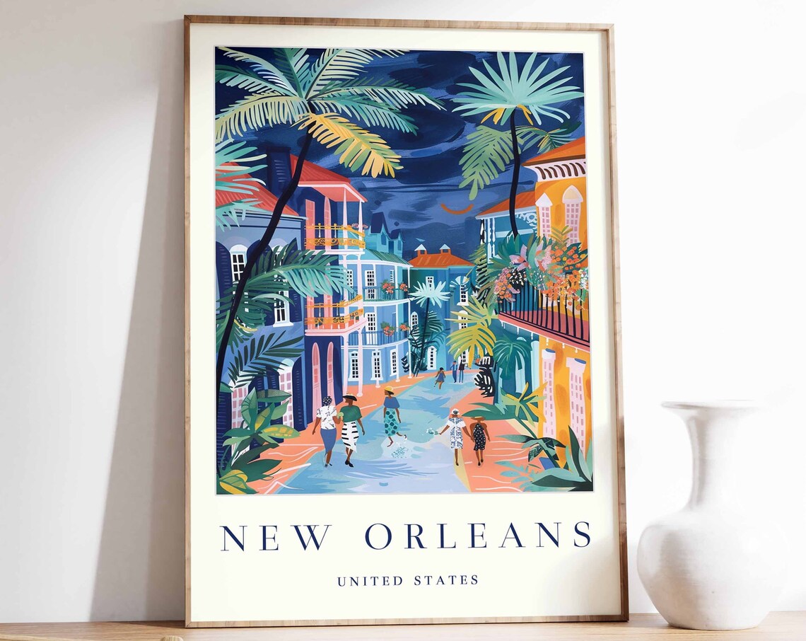 New Orleans United States Night Street Palms Travel Art Poster