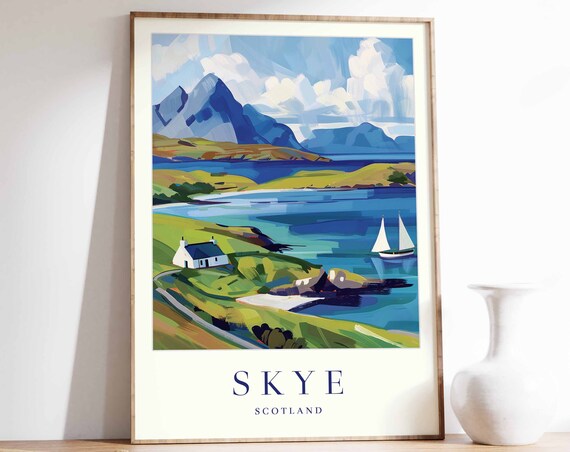 Skye Scotland Travel Poster Mountain Loch Sailboat Cottage Coastal Art