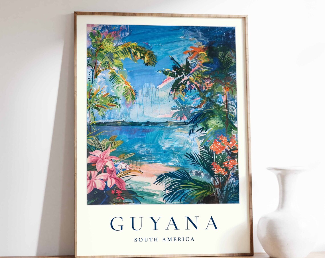Guyana South America Tropical Beach Palms Art Retro Travel Poster