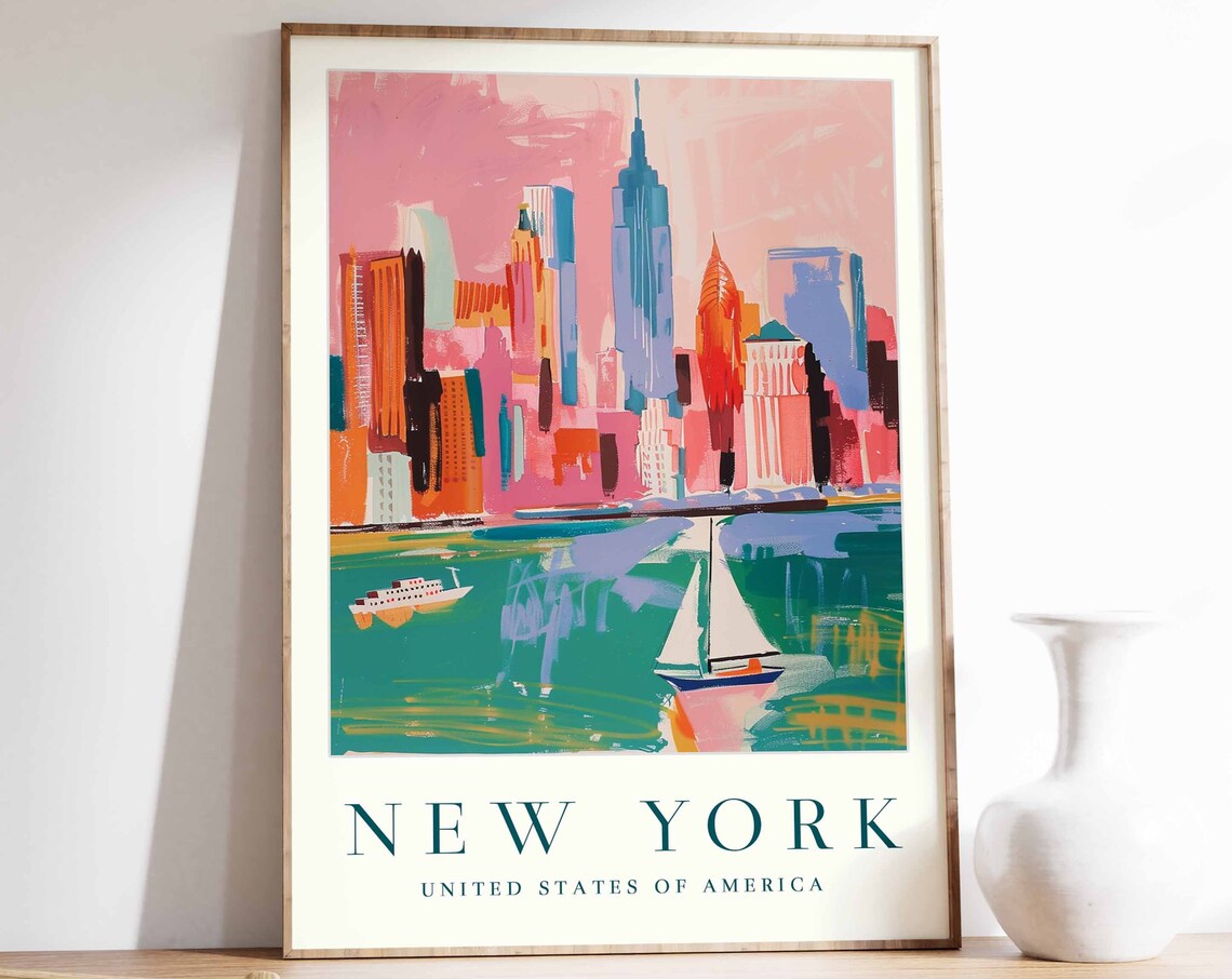 New York City Manhattan Skyline Watercolor Sailboat Travel Art Poster