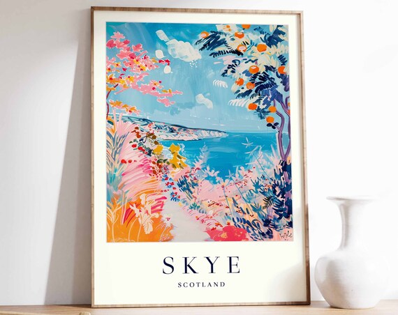 Skye Scotland Travel Poster Floral Coastal Garden Sea View Painting Art