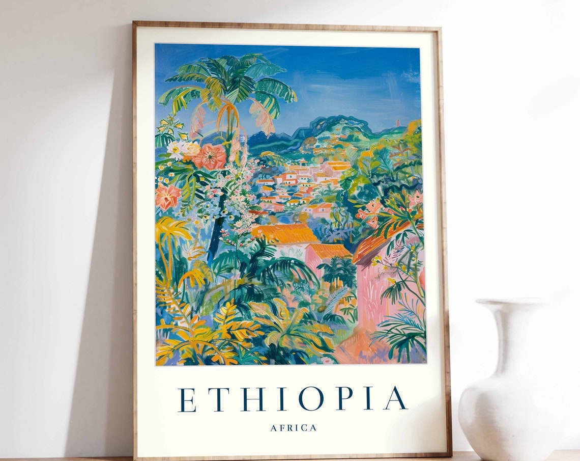 Ethiopia Africa Vibrant Lush Jungle Town Painted Travel Poster