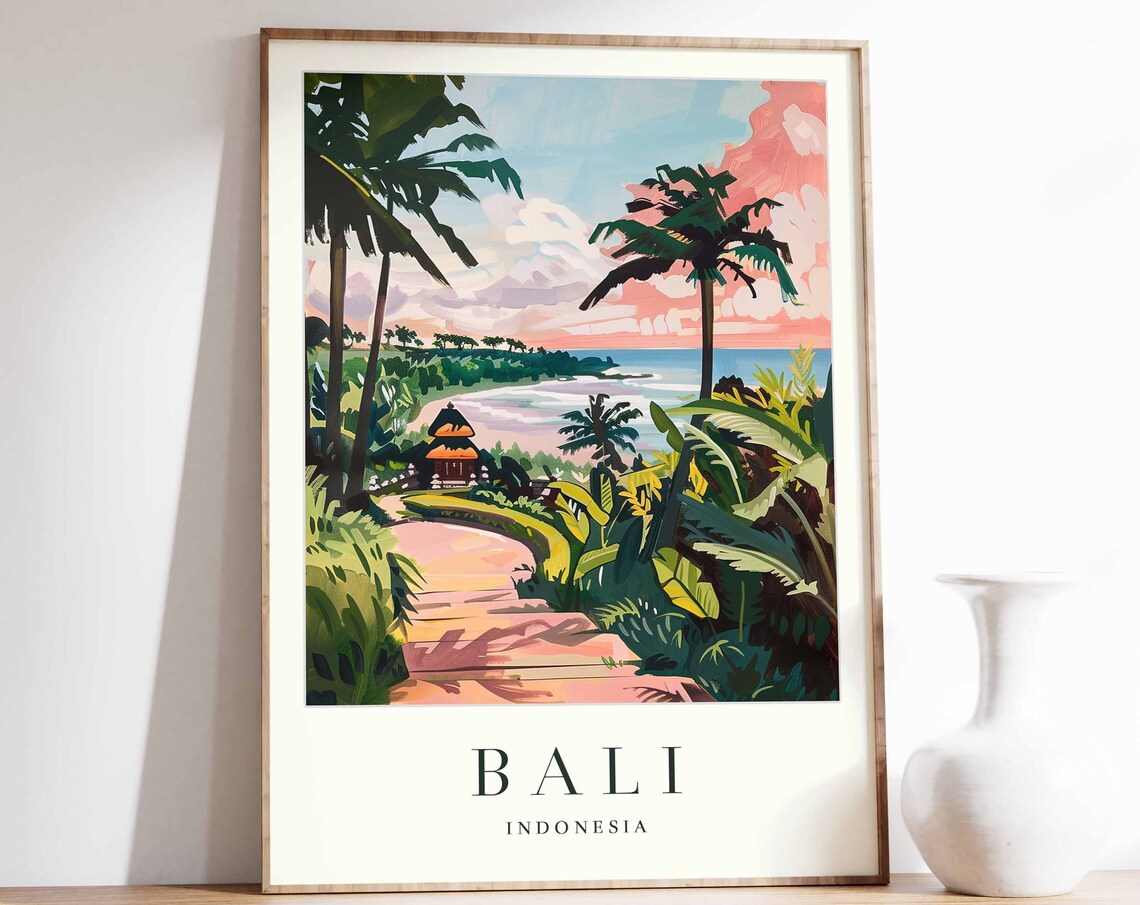 Bali Travel Poster, Tropical Botanical Decor