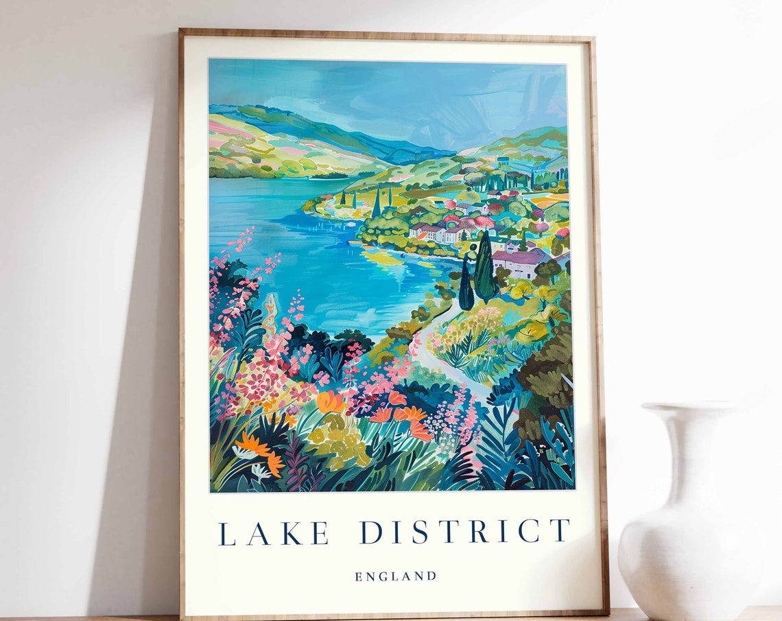 Lake District England Turquoise Lake Wildflowers Travel Poster