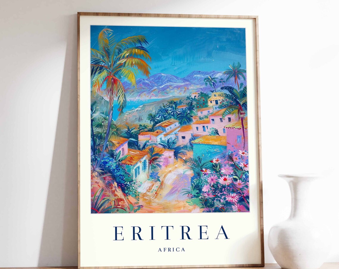Eritrea Africa Colorful Coastal Town Palms Painted Travel Poster