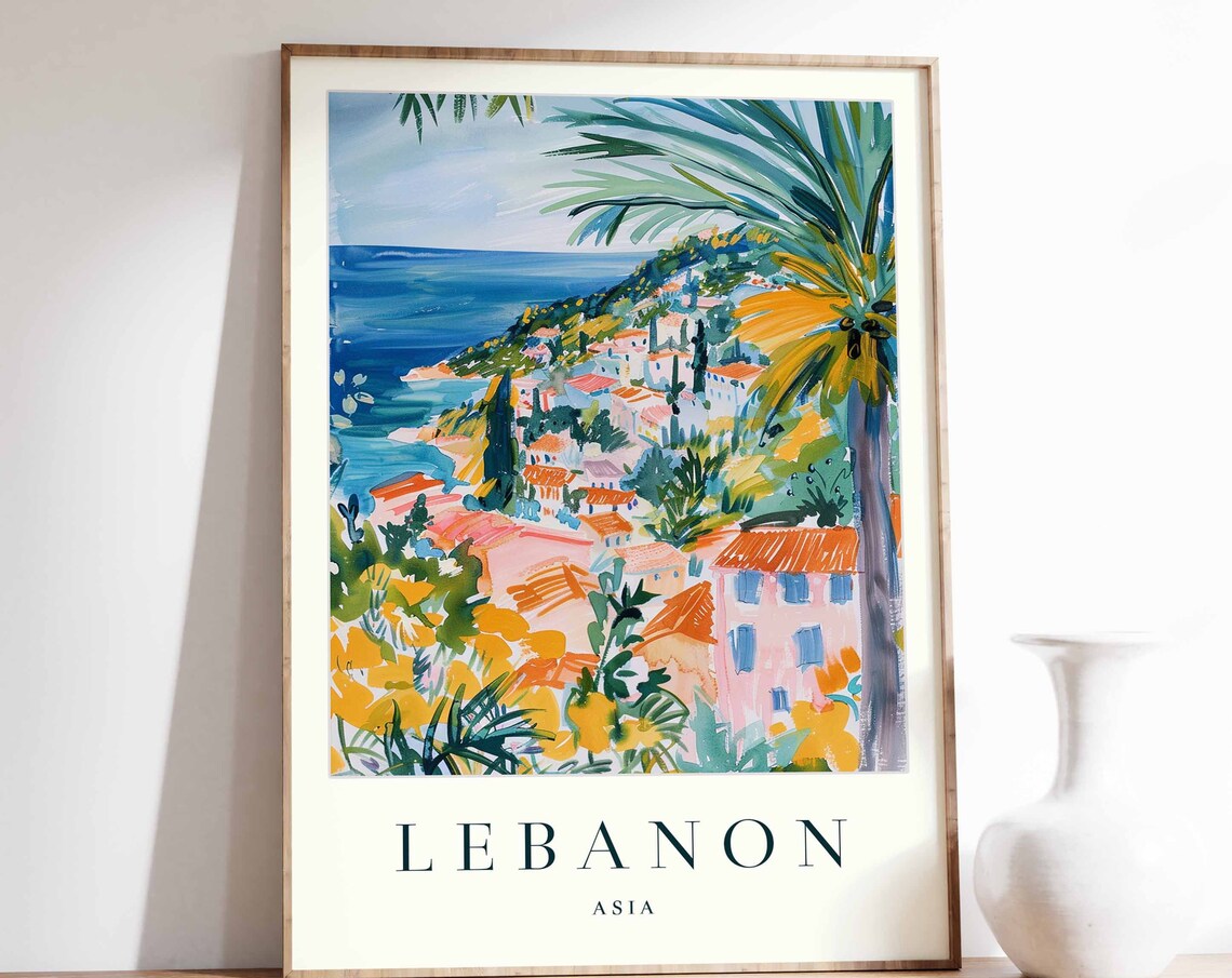 Lebanon Asia Watercolor Hillside Town With Palm Trees Sea Poster