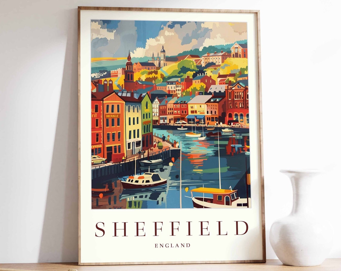 Sheffield England Harbor Town Waterfront Boats Travel Poster