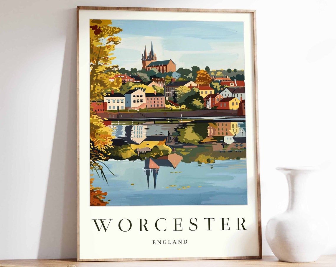 Worcester England Travel Poster Autumn City Cathedral River Painting