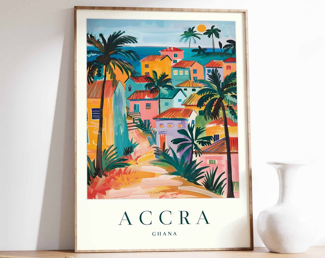 Accra Ghana Colorful Village Travel Poster Palm Tree Africa Art