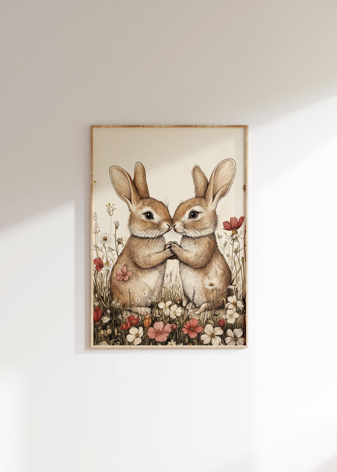 Two Easter Bunnies, Vintage Botanical Easter Print